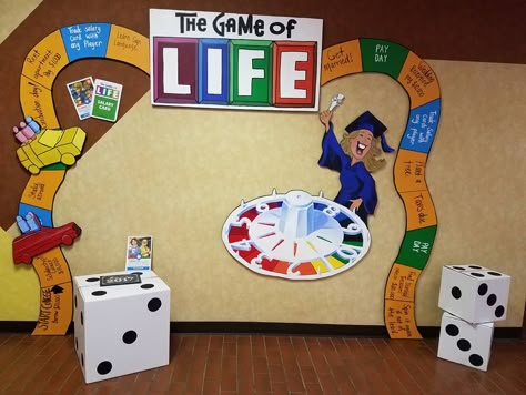 Broadway Church of Christ Senior Sunday Board Games & Monopoly Theme. Game Of Life Party Decorations, Game Of Life Decorations Ideas, Games Night Theme Party, Game Of Life Door Decorations, Trouble Game Decorations, Game Of Life Themed Party, Game Of Life Hallway Decorations, Board Game Backdrop, Life Board Game Decorations