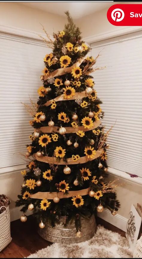 Sunflower Christmas Tree, Sunflower Christmas, Yellow Theme, Christmas Vibes, Christmas Trees, Tree Decorations, Christmas Tree Decorations, Halloween Wreath, Sunflower