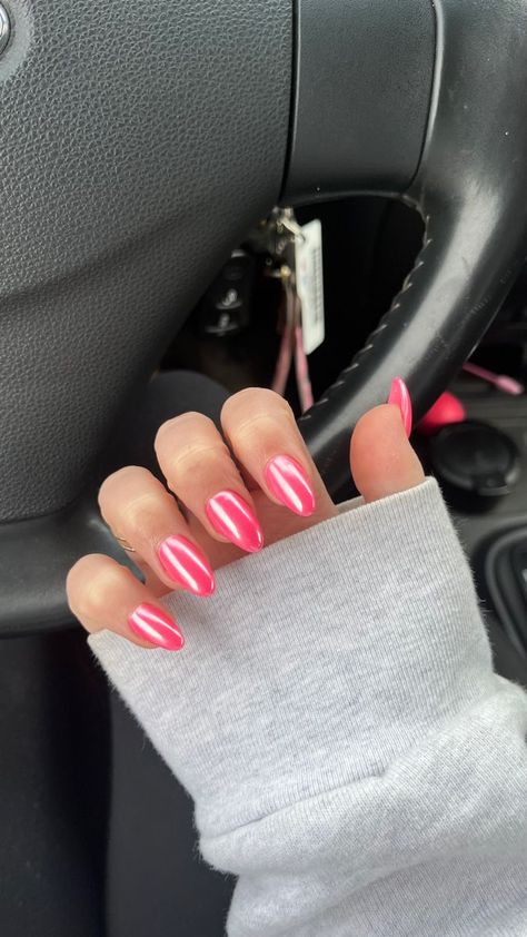 Pink Acrylic Nails Chrome, Clean Nails Acrylic, Neon Pink Chrome Nails, Pink Hailey Bieber Nails, Ombre Nails Bright, Pink Nails Pastel, Pink Glazed Donut Nails, Beiber Nails, Pink Nails Chrome