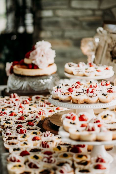 Mini cheesecake display for wedding reception using gold chargers, wood slices, and pedestals   Venue: The Sycamore Winery Photography: Kayla Lynn Creative Floral: Cowan & Cook Food: Edibles Catering Wedding Dessert Table Cheesecake, Cheesecake Bites Wedding Display, Mini Cheesecakes Wedding Display, Treats For Wedding Reception, Mini Cheesecake For Wedding, Mini Cheesecake Wedding, Wedding Mini Cheesecakes, Mini Cheesecakes For Weddings, Mini Pie Wedding Display