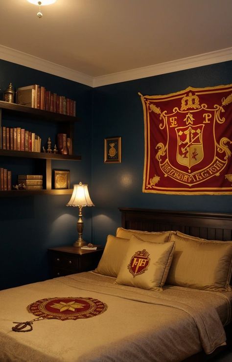 Gryffindor Bedroom Aesthetic, Gryffindor Bedroom Ideas, Hogwarts Themed Bedroom, Harry Potter Room Decor Bedroom Ideas, Harry Potter Bedroom Ideas, Gryffindor Room, Harry Potter Inspired Bedroom, Hogwarts Bedroom, Harry Potter Themed Bedroom