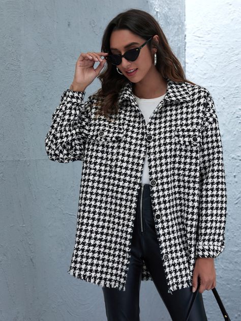 Womens Fall Coats, Tweed Shirt, Houndstooth Shirt, Autumn Streetwear, Coat Elegant, Streetwear Jackets, Houndstooth Coat, Matching Sets Outfit, Clothes Korean Style