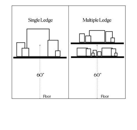 Ledges & Wall Shelves Keep the display at eye level, roughly 60" from the center of the grouping to the floor. For a single ledge display, start with one key piece that will be your focal point, and position it slightly off center. Layer additional pieces around your focal piece, varying size and spacing between them.  For a multiple ledge display, use smaller art pieces. Modern Picture Ledge Display, Ledge With Pictures, Picture Ledge Layout Bedroom, Photo Ledge Display Bedroom, How To Style Photo Ledge, Stacking Pictures On Shelf, Picture Ledge Hallway Display, Picture Frames Shelf Display, Wall Shelf Photo Display