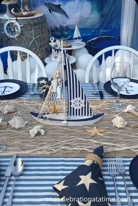 Yacht Party Decorations, Boat Theme Party, Decoration Theme Marin, Nautical Table Setting, Yacht Party Theme, Deco Theme Marin, Boat Party Theme, Nautical Backdrop, Nautical Table Decor