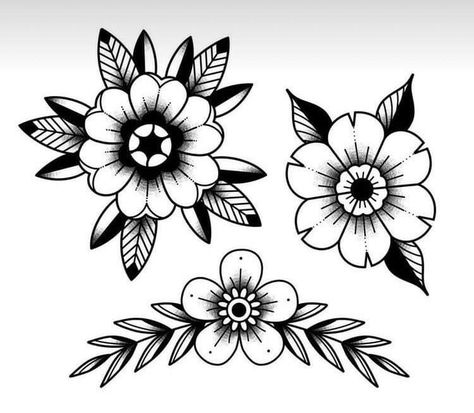 Traditional Flowers Drawing, American Trad Flower Black, Flower Tattoos Old School, Pegasus Tattoo Traditional, Trad Flower Tattoo Black, Black Traditional Flower Tattoo, Old School Flowers Tattoo, Flower American Traditional Tattoo, Traditional Flowers Tattoo Design