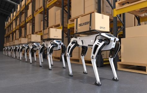 Free photo robotic delivery dog in a fac... | Free Photo #Freepik #freephoto #robot #cyborg #ai-robot #3d-ai Delivery Robot, Autonomous Robots, Robotic Automation, Fourth Industrial Revolution, Personalized Medicine, Corporate Strategy, World Economic Forum, Paradigm Shift, Healthcare Industry