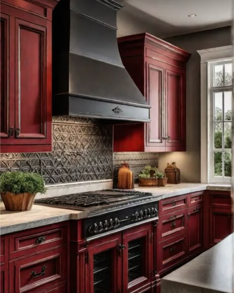 Kitchen With Red Cabinets, Burgundy Kitchen Decor, Deep Red Kitchen Cabinets, Red Kitchen Cabinets Rustic, Dark Red Kitchen Cabinets, Red Cabinets Kitchen, Red And Gold Kitchen, Red Rustic Kitchen, Dark Red Kitchen