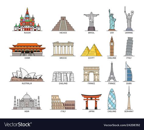 World Monuments, Country Facts, Famous Monuments, City Icon, School Icon, History Facts Interesting, Tourist Sites, Doodle Art Designs, Flat Icon