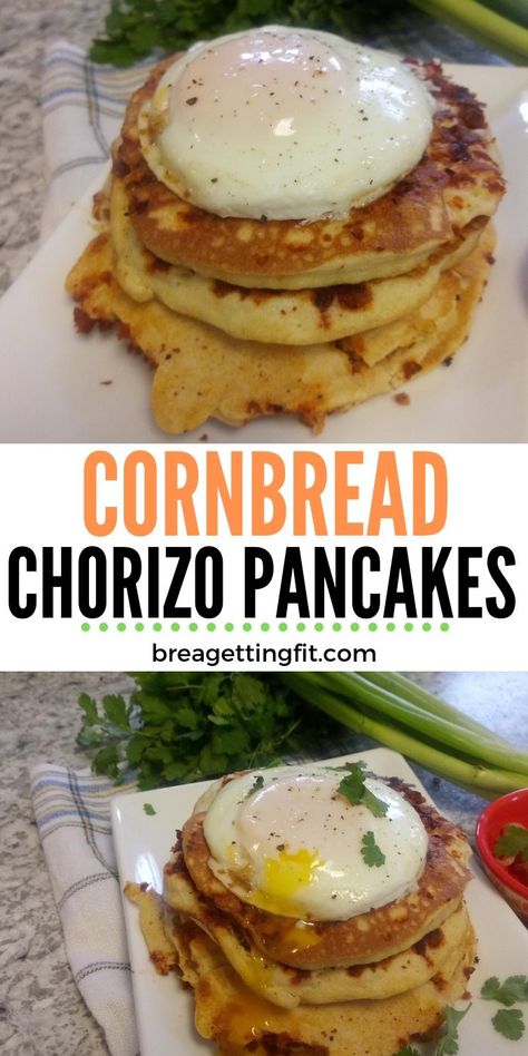 Cornbread Chorizo Pancakes are going to hit the spot. Savory cornbread pancakes with a sprinkle of chorizo throughout. Serve for breakfast or dinner. #pancakes #savory #chorizo #cornbread #egg #easy #lunch #dinner #BreaGettingFit Chorizo Cornbread, Dinner Pancakes, Cornbread Breakfast, How To Make Chorizo, Cornbread Pancakes, Savory Cornbread, Homemade Chorizo, Delicious Cornbread, Cornbread Mix