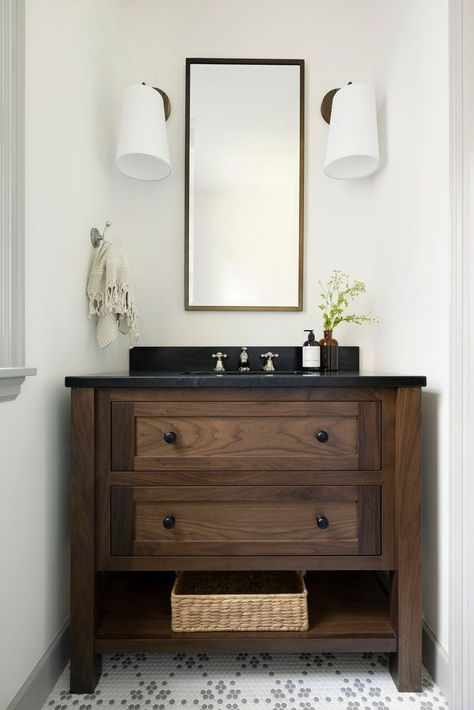 Walnut bathroom vanity with soapstone counter tops, gray and white mosaic floor tile. Soapstone Vanity, Bathroom Vanity Hardware, Vanity Hardware, Statement Furniture Pieces, Custom Bathroom Vanity, Statement Furniture, Neutral Paint Colors, House Decorations, Rooms Reveal