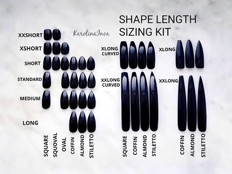 Press on nails Shape length Sizing kit - Coffin Stiletto Almond Oval Round - Long Medium Short - Cus Nail Chart, Coffin Design, Nails Grunge, Baby Boomers Nails, Nails Medium Length, Acrylic Nail Shapes, Grunge Nails, Classic Nails, Super Nails