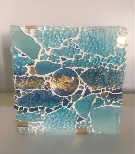 Tempered Glass Mosaic Art, Broken Glass Mosaic, Ocean Mosaic Ideas, Tempered Glass Mosaic, Mosaic Wave Design, Mosaic Sky Ideas, Seascape Mosaic, Crash Glass Mosaic, Mosaic Waves Ocean