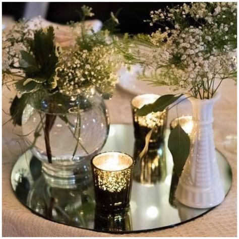 12” round mirrors, gold mercury votives creates elegant Centerpieces for any events! Mirror Plate Centerpiece, Mirror Centerpiece Ideas, Mirror Wedding Centerpieces, Mirror Centerpieces, Table Centre Pieces Wedding, Mercury Votives, Gold Votives, Mirror Centerpiece, Mirrors Gold