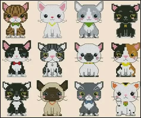 Cat Cross Stitch Charts, Stitch Pokemon, Cat Stitch, Large Cross Stitch Patterns, Counted Cross Stitch Patterns Free, Pokemon Cross Stitch Patterns, Cats Cross Stitch, Kawaii Cross Stitch, Pokemon Cross Stitch