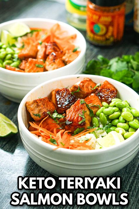 white bowls with keto teriyaki salmon buddha bowls and text Keto Rice Bowl Recipe, Salmon Bowl With Cauliflower Rice, Keto Teriyaki Salmon, Keto Salmon Meal, Salmon Meal Prep Ideas Low Carb, Salmon Bowl Low Carb, High Protein Meals With Salmon, Keto Salmon Bowl Recipes, Salmon Food Recipes