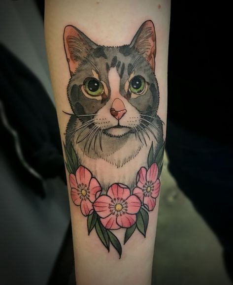 Neo Traditional Cat Tattoo, Grey Cat Tattoo, Neo Traditional Cat, Zuko Tattoo, White Cat Tattoo, Traditional Cat Tattoo, Cat Portrait Tattoo, The Quiet Place, Cat Portrait Tattoos