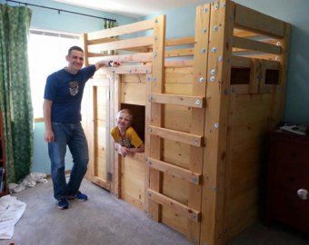 PalmettoBunkBeds on Etsy Bunk Bed Fort, College Loft Beds, Queen Loft Beds, Bed Fort, Bunk Bed Plans, Loft Bed Plans, Diy Bunk Bed, House Frame Bed, Murphy Bed Plans