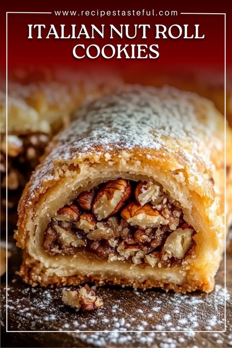 These Italian Nut Roll Cookies are a delightful treat, filled with a sweet and spiced walnut mixture wrapped in a soft, buttery dough. The combination of ground walnuts, cinnamon, and nutmeg creates a flavorful filling that pairs perfectly with the rich, slightly sweet dough. A traditional favorite, these cookies are perfect for the holidays or any special occasion! Nut Roll Cookies, Walnut Cookie Recipes, Italian Desserts Traditional, Nut Roll, Nut Rolls, Bakery Cookies, Italian Cookie Recipes, Walnut Recipes, Food Receipt