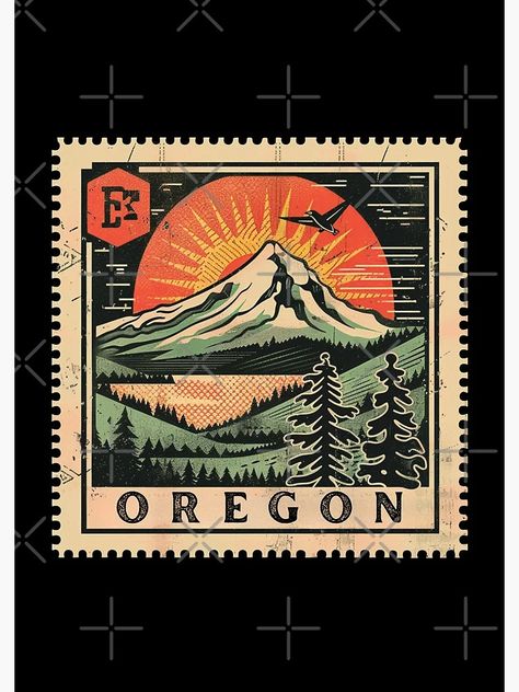 "Vintage Oregon Nature Stamp - Mountain, Forest, and Sunset Scenic Illustration" Journal for Sale by tiigerdad | Redbubble Vintage Stamp Illustration, Mountain Packaging, Branded Postcard, Scenic Illustration, Mountain Stamp, Oregon Nature, Illustration Journal, Matchbook Art, Mountain Illustration