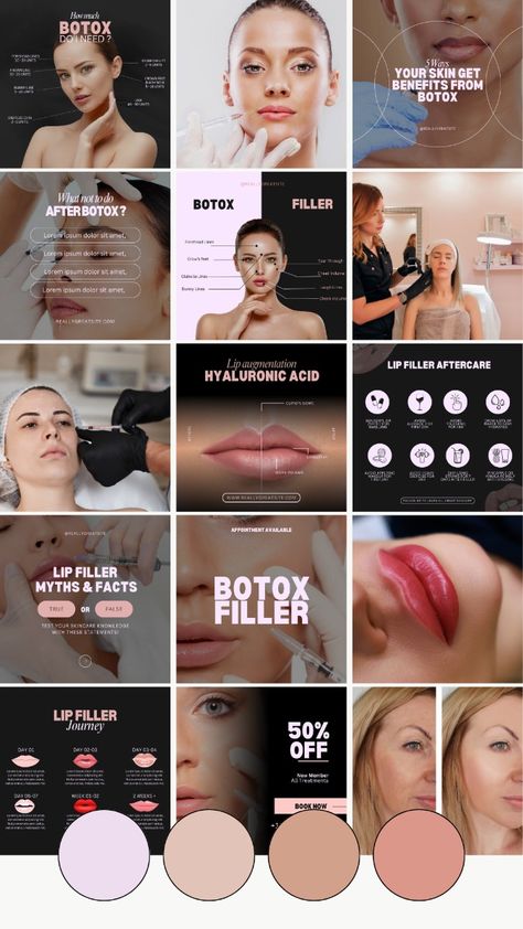 This Lip filler & Botox Instagram pack includes 100 aesthetic-themed Instagram templates (in 2 sizes) designed to boost engagement and delight your social media audience.  Save time and money with these editable luxury Nurse Injector Instagram template.  This template can be used for any beauty business such as Estheticians, Beauty Branding, nurse Injectors, Dermatology Clinics, beauty salon Or any Luxury Beauty service provider looking to elevate their social media presence. #lipfiller #botoxbeforeafter #lipfillerandbotox #socialmediakit #nurseinjector #nurseinectorinstagramtemplate #aestheticlipfiller #botoxandfiller #dermafiller #beautyclinic #beautycians #medspa Botox Filler Aesthetic, Aesthetic Clinic Instagram Feed, Beauty Clinic Social Media Design, Esthetician Instagram Theme, Instagram Template Aesthetic, Medspa Social Media, Botox Clinic, Filler Instagram, Derma Fillers