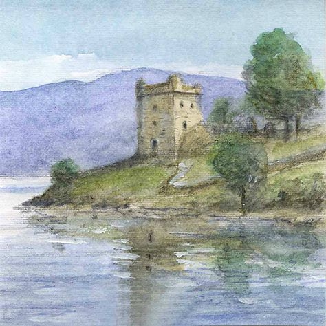 Urquhart Castle Scotland, Castle Landscape Painting, Watercolor Castle Painting, Scotland Watercolor, Scotland Drawing, Scotland Illustration, Painting Moodboard, Travel Bujo, Poetry Illustration