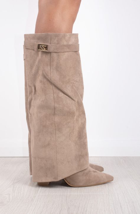 Women's Taupe Faux Suede Fold Over Shark Classic Buckle Knee High Boot – Miss Moda Luxe Shoe Inspo Boots, Where To Buy Boots, Boots Folded Over, Taupe Cowboy Boots, How To Style Boots, Fold Over Boots Outfit, Shark Boots Outfit, Suede Boots Outfit, Shark Boots