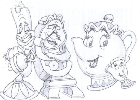 Mrs Potts And Chip Drawings, Cogsworth And Lumiere Tattoo, Lumiere Beauty And The Beast Tattoo, Beauty And The Beast Characters Drawings, Beauty And The Beast Mrs Potts, Beauty And The Beast Doodles, Disney Pixar Drawings, Beauty And The Beast Drawing Sketches, Beauty And The Beast Drawings