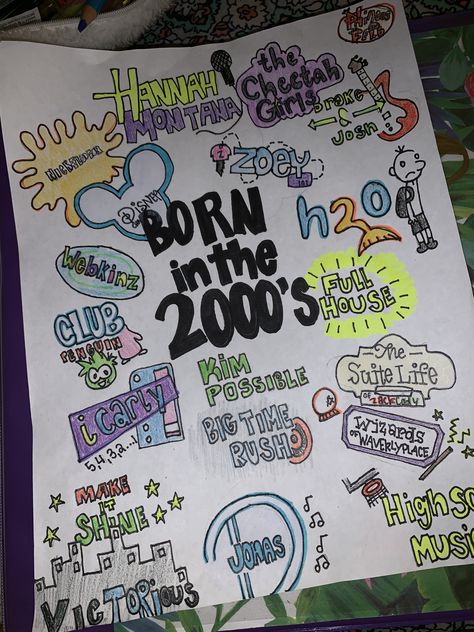 born in the 2000’s collage 2000s Doodles, Highschool Bucket List, Bullet Journal Outline, 2000s Drawings, Born In The 2000s, Homecoming Themes, Cd Wall Art, Bullet Journal 2020, Bullet Journal Key