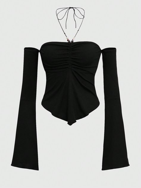 Solid Ruched Halter Neck Flounce Sleeve Top Black Casual  Long Sleeve Rib knit Plain  High Stretch  Women Clothing, size features are:Bust: ,Length: ,Sleeve Length: Cute Long Sleeve Tops Aesthetic, Shear Tops Outfit, Shein Long Sleeve Top, Halter Top With Sleeves, Black Gothic Clothes, Top Manga Larga, Clothes Shein, Flounce Sleeve Top, Goth Tops