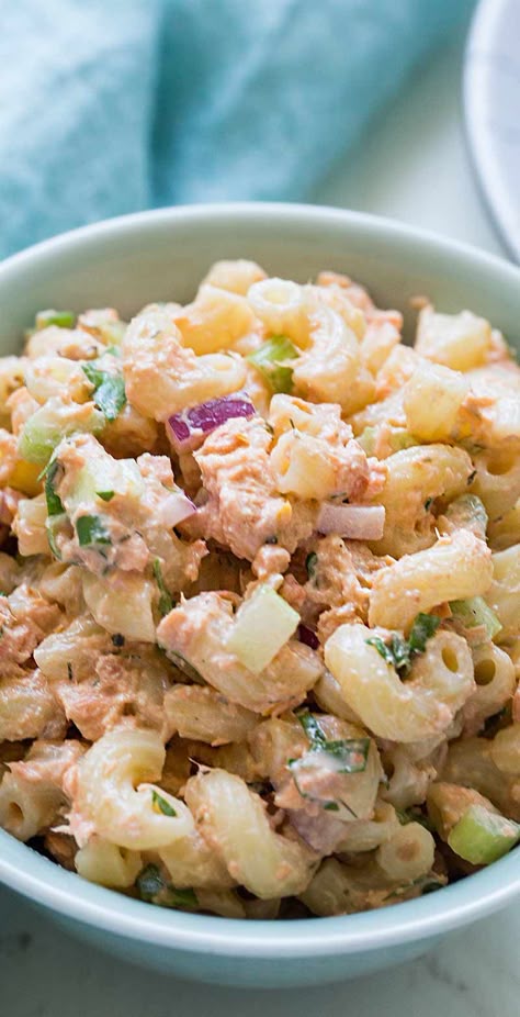 Salmon Macaroni Salad with canned salmon, ready in 30 min! Quick and easy pantry dinner or lunch, good for making ahead too. Salmon Macaroni Salad, Canned Salmon Pasta, Salmon Pasta Salad, Pantry Dinner, Canned Salmon Salad, Salmon Salad Recipe, Pasta Salad Salmon, Canned Salmon Recipes, Salad Cucumber