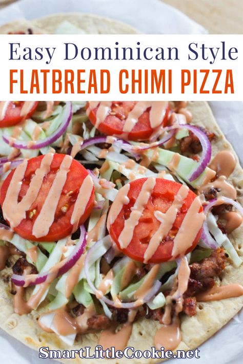 Dominican Style Flatbread Chimi Pizza ~ Inspired by the popular Dominican burger, Chimi, traditionally served by street vendors in the Dominican Republic, this pizza is made with flatbread, sausage, cabbage, onions, tomatoes and a mayo-ketchup sauce. It is no secret that I love to eat. I have actually mentioned before that I started this blog mostly because I really love food. | Smart Little Cookie @smartlilcookie #chimiburger #chimipizzarecipe #dominicanrecipes #partyfood #smartlittlecookie Dominican Burger, Dominican Chimi, Quick Chicken Casserole, Dominican Style, Sausage Cabbage, Delicious Healthy Dinner Recipes, Mexican Dinners, Instant Pot Soups, Ketchup Sauce