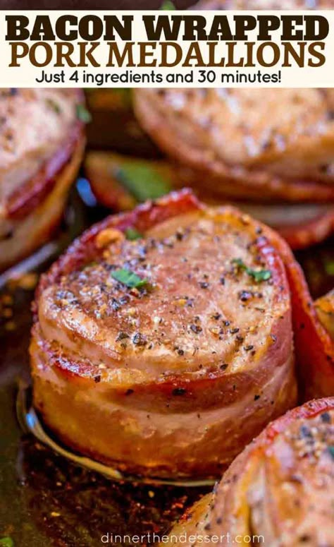 Bacon Wrapped Pork Medallions are an impressive dinner option for your regular weeknight rotation that's impressive enough to serve at your fanciest party. Bacon Wrapped Pork Medallions, Pork Fillet Recipes, Pork Medallion Recipes, Bacon Wrapped Pork Loin, Pork Tenderloin Medallions, Bacon Wrapped Pork Tenderloin, Pork Medallions, Bacon Wrapped Pork, Pork Fillet