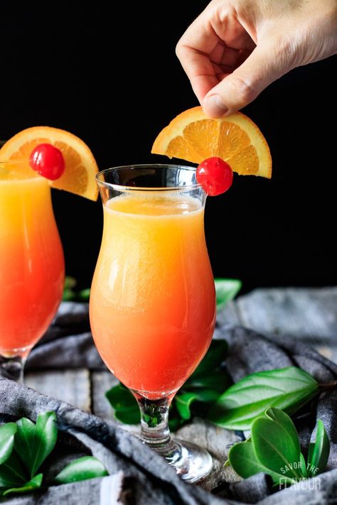 Sweet Sunrise with a Twist: an easy non alcoholic beverage that is perfect for summer brunch or to serve your friends that love fruity mocktails. It can be made to order or in a party-sized pitcher for a crowd. You will be impressed with how simple it is to make. | www.savortheflavour.com #sweetsunrise #mocktail #nonalcoholic #citrus #grenadine Fancy Drinks Nonalcoholic, Citrus Mocktail, Best Mocktail Recipe, Pastry Table, Cocktail Decor, Watermelon Margarita, Dark Party, Couscous Recipes, Brunch Table