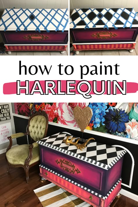 How To Paint Whimsical Furniture, Mackenzie Childs Inspired Furniture, Bedroom Furniture Paint Ideas, Whimsical Furniture Painting, Harlequin Furniture Diy, Harlequin Painted Furniture, Funky Painted Bookcase, How To Paint Harlequin Pattern Diy, Diy Furniture Painting Ideas