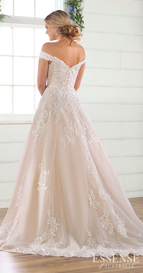 Wedding Dresses with Sleeves by Essense of Australia Fall 2019 - D2815 | Romantic fairytale blush-colored a-line wedding dress with plunging sweetheart neckline, sparkly lace applique on the bodice cascading to a tulle skirt and off the shoulder sleeves for the princess bride #weddingdress #weddingdresses #bridalgown #bridal #bridalgowns #weddinggown #bridetobe #weddings #bride #dreamdress #bridalcollection #bridaldress #dress See more gorgeous bridal gowns by clicking on the photo Simple Flower Girl Dresses, Tulle Wedding Dress Ballgown, Vows Ideas, Essense Of Australia, Pnina Tornai, A Wedding Dress, Glamorous Wedding, Princess Wedding Dresses, Princess Wedding