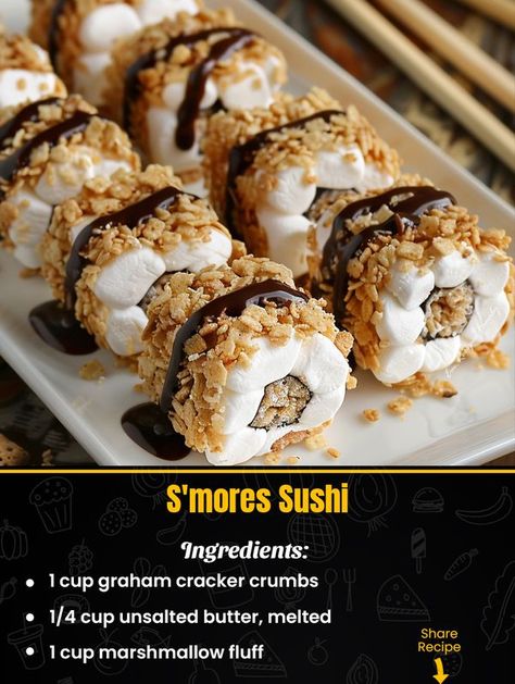 Smores Sushi, Sushi Ingredients, Dessert Sushi, Sushi Roll Recipes, Chocolate Crepes, Cook Recipes, Marshmallow Fluff, Family Cooking, Graham Cracker Crumbs