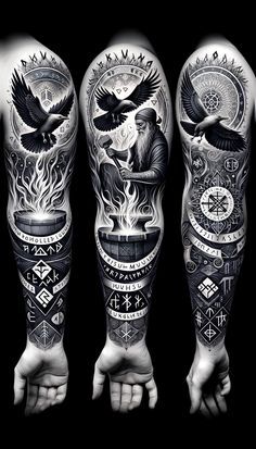 Rune Tattoo Sleeve, Raven Sleeve Tattoo, Norse Sleeve Tattoo, Odins Ravens Tattoo, Nordic Tattoo Sleeve, Viking Sleeve Tattoo, Odin's Ravens Tattoo, Odin Tattoo, Viking Rune Tattoo