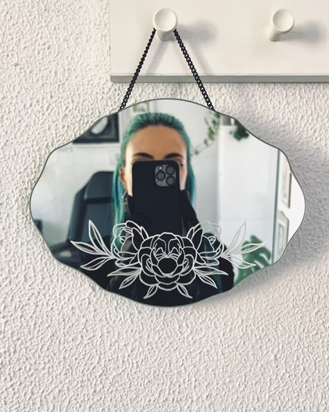 https://nobanshees.bigcartel.com/product/serenity-mirror-with-chain Painted Mirror Aesthetic, Mirror Craft, Etching Diy, Art Pierre, Mirror Crafts, Mirror Painting, Apartment Style, Life Ideas, Ap Art