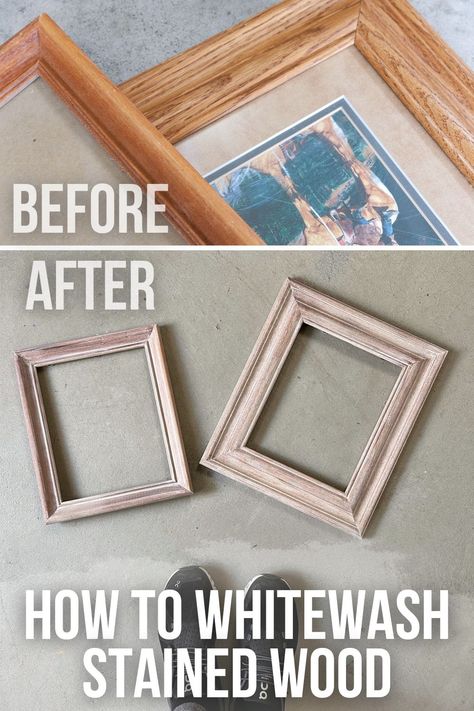 How To Whitewash Stained Wood Whitewash Stained Wood, How To Whitewash, White Wash Wood, White Washed Furniture, Tan Paint, Paint Stir Sticks, Diy Picture Frames, Diy Furniture Renovation, Whitewash Wood