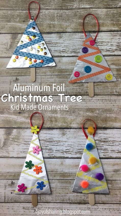 Aluminum Foil Christmas Tree Ornaments #ChristmasOrnaments #ChristmasCrafts #ChristmasTree #KidMadeChristmas Kid Made Ornaments, Foil Christmas Tree, Christmas Tree Crafts, Christmas School, Preschool Christmas, Easy Christmas Crafts, Tree Crafts, Ornament Crafts, Christmas Crafts For Kids