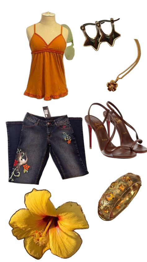 #hibiscus #outfit #orange #boho #vintage #tropics #island Orange Fits Aesthetic, Hibiscus Outfit Aesthetic, Hibiscus Aesthetic Outfits, Tropical Outfits Aesthetic, Tropic Outfit, Orange Outfits Aesthetic, Tropical Core Outfit, Hibiscus Outfit, Moana Inspired Outfits