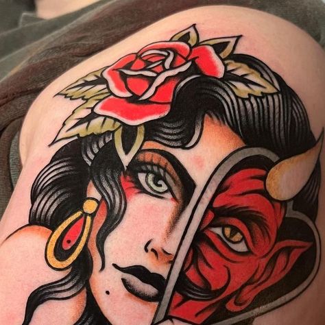 K y l e M a c K e n z i e on Instagram: "Dreaming of the devil Done at @northstreetsalem #traditionaltattoo #traditionaltattoos #skinart_traditional #skinart_mag #traditionalbangers #usatraditional #tattoosnob #hustlebutterdeluxe #traditionalartist #oldschooltattz #tradworkers #thebesttraditionalink" She Devil Tattoo, Devil Traditional Tattoo, Traditional Woman Tattoo, Traditional Devil Tattoo, Traditional Tattoo Woman Face, Traditional Chest Tattoo, Angel Devil Tattoo, Traditional Tattoo Woman, Traditional Tattoo Drawings