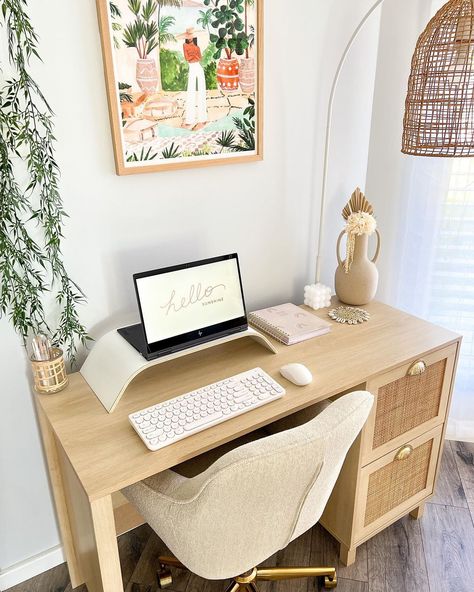 White Desk With Rattan Chair, Beige Chair Desk, Grey With Light Wood, Wicker Desk Chair, Small Boho Desk, Bedroom Inspirations Desk, Boho Office Chair, Boho Desk Ideas, Desk Ideas For Bedrooms