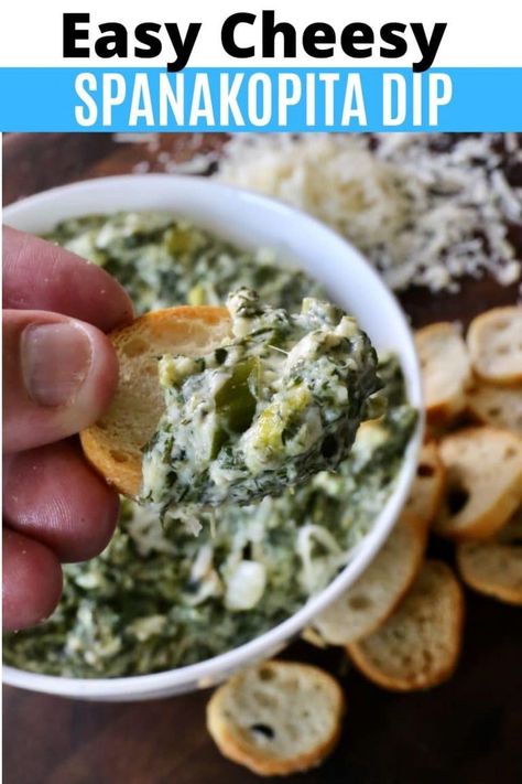 Spanakopita Dip, Easy Healthy Dips, Homemade Snack Recipes, Greek Dip Recipes, Greek Easter Recipes, Cheesy Dip Recipes, Greek Spanakopita, Mexican Queso, Greek Appetizer