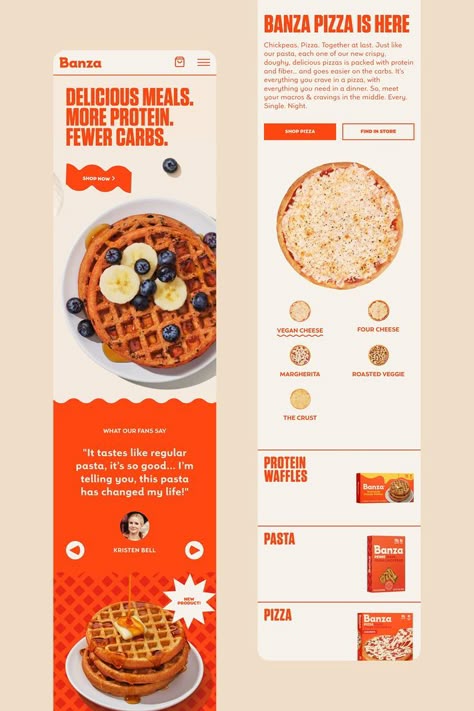 Home page website design inspiration for mobile. #website #mobile #design #e-commerce #store #shop #brutalism #waffle #pizza #pasta #mac #rice Home Page Website Design, Home Page Website, Food Delivery Website, Food App Design, Waffle Pizza, Food Website Design, Desain Ux, Mailing Design, Bakery Website