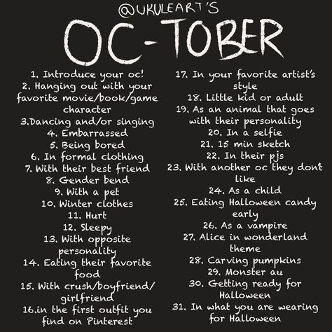 This is my prompt for October this year! I decided instead of inktober, I’ll do OC-tober where you choose an oc and draw them doing… Oc Drawing Prompts, 30 Day Art Challenge, Drawing Challenges, 30 Day Drawing Challenge, Oc Drawing, Art Style Challenge, Oc Challenge, Drawing Prompts, Oc Drawings