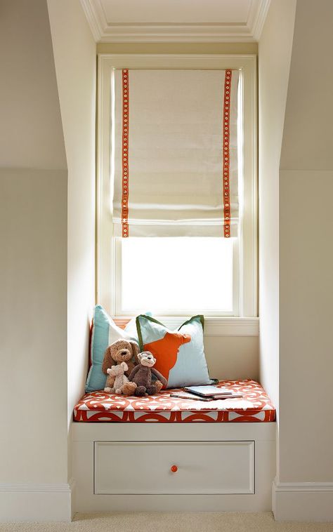 Small window seat with storage. A cozy spot to read and to store books. window seat #smallwindowseat #windowseat #storage T.S. Adams Studio. Interiors by Mary McWilliams from Mary Mac & Co. Small Window Seat, Baby Closet Storage, Dormer Window, Window Seat Storage, House Blinds, Small Window, Interior Windows, Window Seats, Store Books