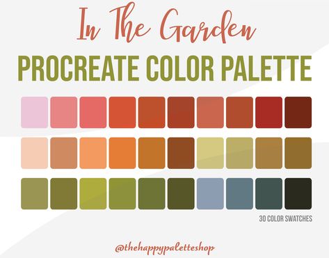 Procreate Color Palette For iPad and Procreate Pocket Color Palette For iPhone Garden Inspired Color Palette Perfect For iPad Lettering and Illustration. You can use this color palette to create your social media posts and turn them into your brand colors! Make things like your own digital art to turn into stickers with this procreate color palette. Perfect for floral themed pieces and all things garden life and scenery! Includes: - 30 colors in the palette  - A (.swatches) file PLEASE NOTE: - Y Spring Procreate Palette, Color Palette For Garden, Summer Garden Color Palette, Garden Color Pallete, Procreate Palette Free, Garden Colour Palette, Fairytale Color Palette, Color Palette Garden, Wildflower Color Palette