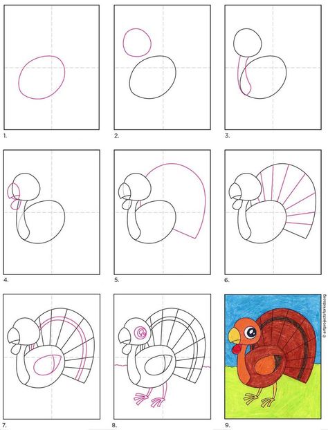 How to Draw a Cute Turkey · Art Projects for Kids Thanksgiving Directed Drawing For Kids, Grade 3 Thanksgiving Art, Thanksgiving Drawings For Kids, Thanksgiving Art Projects For Elementary, How To Draw A Turkey, November Art Projects, Turkey Art Projects, Direct Drawing, Draw A Turkey