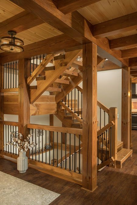 Interior Timber Elements - Timberhaven Log & Timber Homes Staircase In Center Of House, Cabin Stairs Ideas, Log Cabin Stairs, Log Cabin Staircase, Interior Steps, Staircase Plan, Timber Interior, Above Garage Apartment, Rustic Modern Cabin